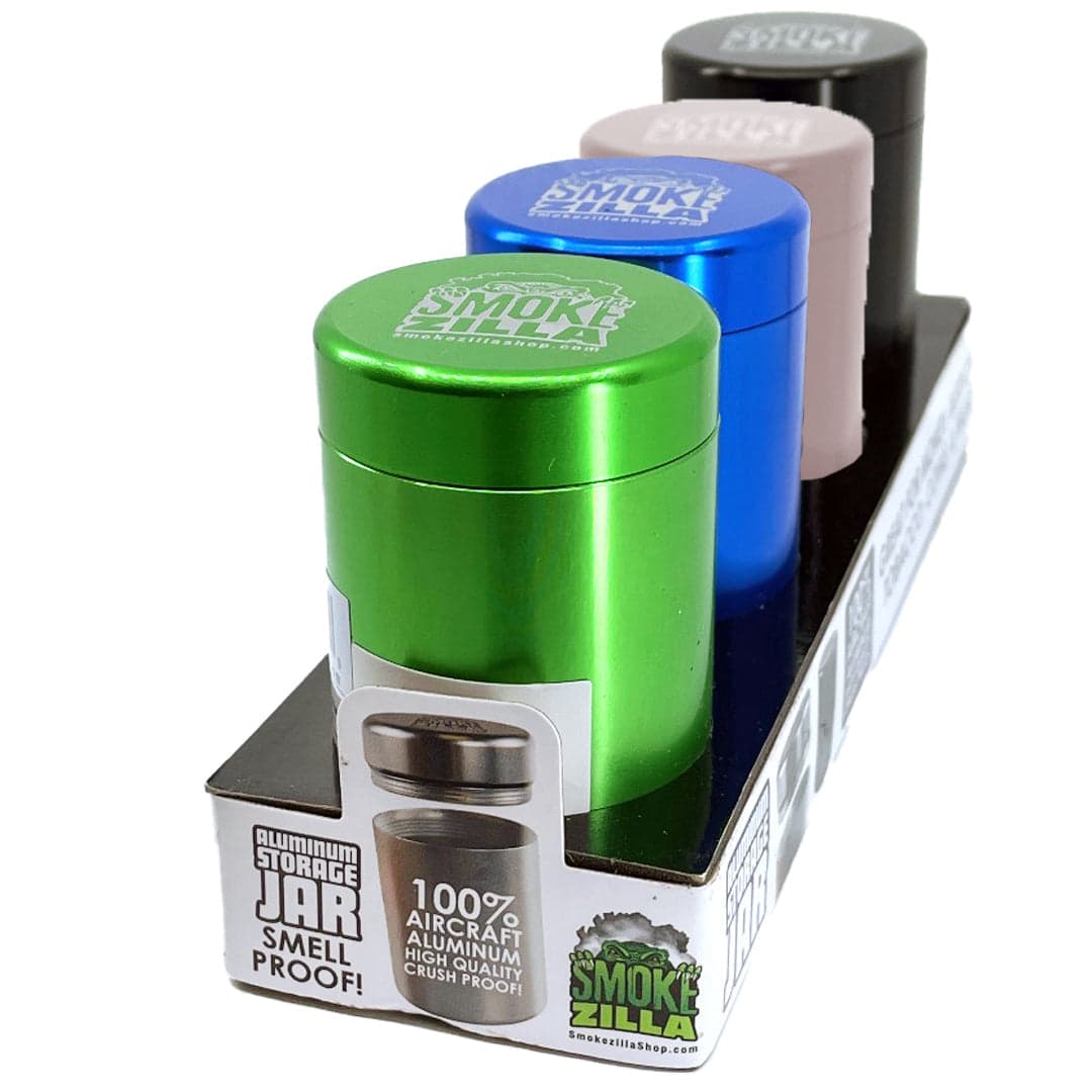 Smokezilla aluminum storage jars in four-piece display